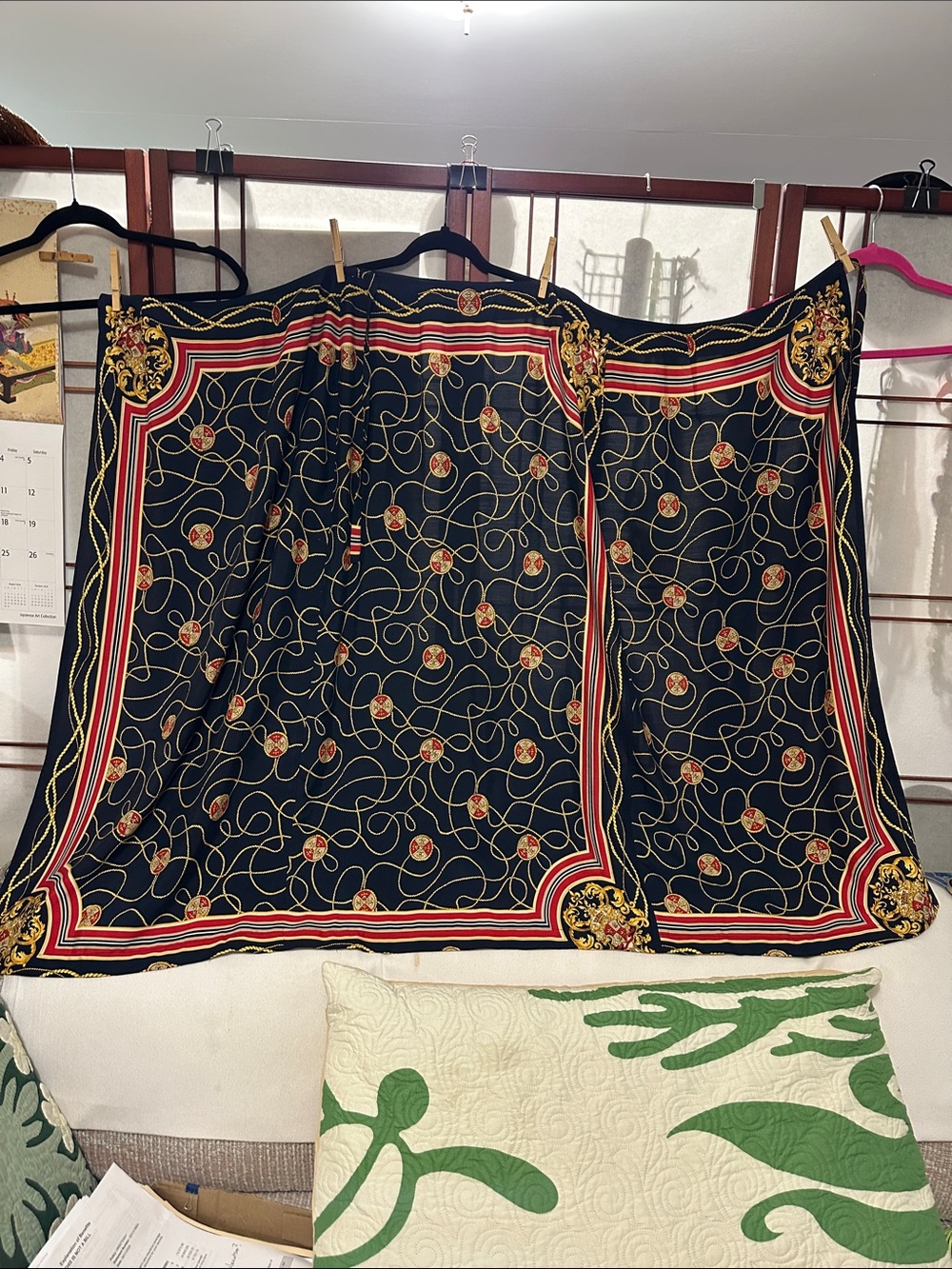 100% SILK Elegant Black Patterned Women's Skirt with Red & Gold Accents